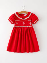 Load image into Gallery viewer, Red Christmas Girls Dress: Cross Embroidery with Lace Trim
