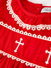 Load image into Gallery viewer, Red Christmas Girls Dress: Cross Embroidery with Lace Trim
