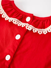 Load image into Gallery viewer, Red Christmas Girls Dress: Cross Embroidery with Lace Trim

