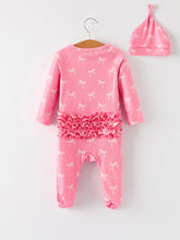 Load image into Gallery viewer, Christmas Bow Pink Romper with Hat: Sweet and Stylish Baby Outfit
