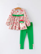Christmas Santa Applique Girls Floral Long Sleeve Set