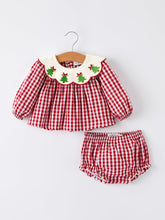 Load image into Gallery viewer, Christmas Tree Embroidery Red Gingham Long Sleeve Baby Girl Bloomers Set
