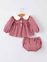 Load image into Gallery viewer, Christmas Tree Embroidery Red Gingham Long Sleeve Baby Girl Bloomers Set
