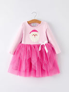 Pink Christmas Santa Applique Striped Girls Dress