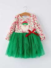 Load image into Gallery viewer, Christmas Santa Applique Floral Long Sleeve Ruffle with Bow Ties Girls Dress
