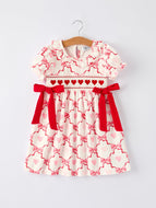 Girls Valentine Dress with Heart Embroidery and Bowknot Design