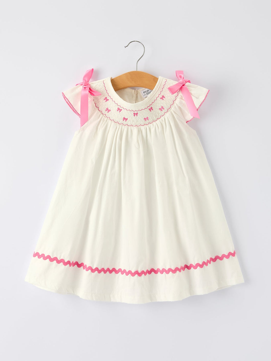 Fall White Girls Dress with Pink Bow Embroidery