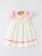 Fall White Girls Dress with Pink Bow Embroidery