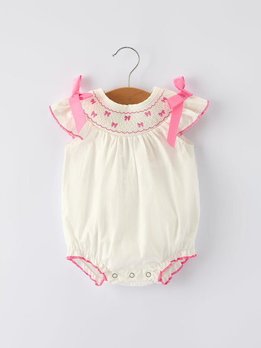 Fall White Baby Girls Romper with Pink Bow Embroidery