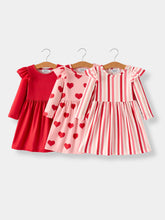 Load image into Gallery viewer, Valentine’s Girls Long Sleeve 3-Piece Dress Set with Hearts and Stripes
