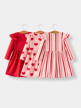 Load image into Gallery viewer, Valentine’s Girls Long Sleeve 3-Piece Dress Set with Hearts and Stripes
