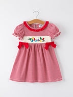 Holiday Girls Dress with Embroidered Christmas Lights and Red Bow Details