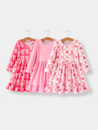 Valentine’s Day Girls Dress Bundle – Sweetheart Heart Print, Solid Pink, Checker Bow Design