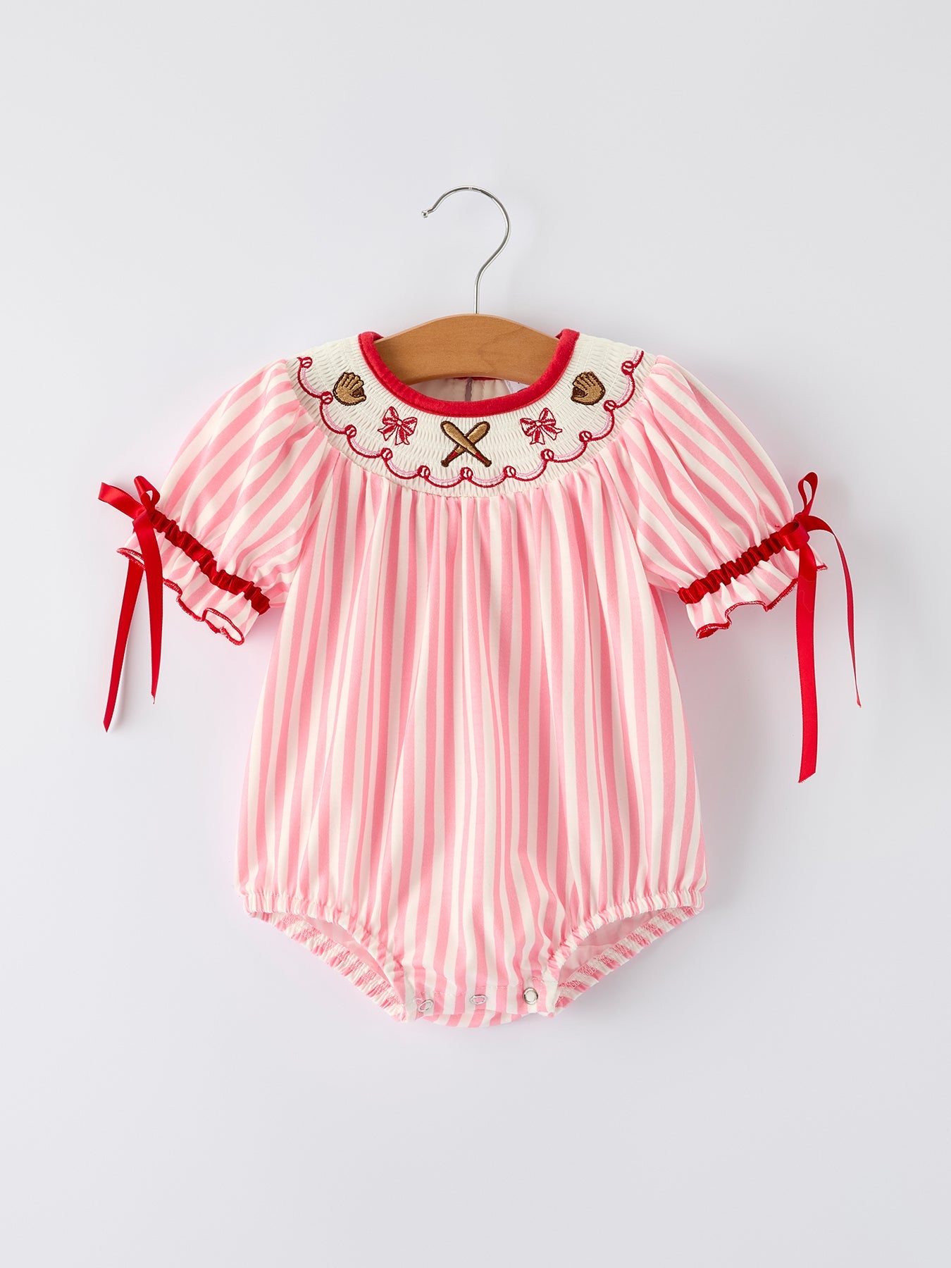 Baby Girls Baseball Embroidery Romper – Pink Stripe Casual Outfit