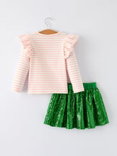 Load image into Gallery viewer, St. Patrick’s Day Stripe Top with Glitter Shamrock and Sequin Skirt Set
