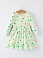 St. Patrick's Day Bow Shamrock Print Ruffles Girls Dress