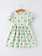 St. Patrick's Day Bow Shamrock Print Short Sleeves Girls Dress