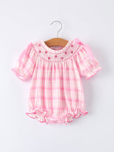 Load image into Gallery viewer, Valentine&#39;s Day Pink Plaid Smocked Heart Embroidery Girls Romper
