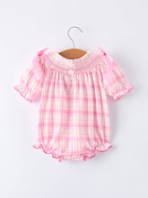 Load image into Gallery viewer, Valentine&#39;s Day Pink Plaid Smocked Heart Embroidery Girls Romper
