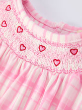 Load image into Gallery viewer, Valentine&#39;s Day Pink Plaid Smocked Heart Embroidery Girls Romper
