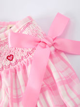 Load image into Gallery viewer, Valentine&#39;s Day Pink Plaid Smocked Heart Embroidery Girls Romper
