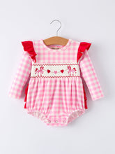 Load image into Gallery viewer, Valentine Pink Plaid Baby Girls Romper with Horse &amp; Heart Smocking
