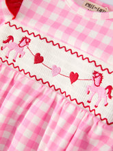 Load image into Gallery viewer, Valentine Pink Plaid Baby Girls Romper with Horse &amp; Heart Smocking

