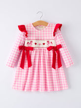 Load image into Gallery viewer, Valentine Pink Plaid Girls Dress with Horse &amp; Heart Smocking Embroidery
