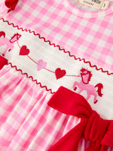 Load image into Gallery viewer, Valentine Pink Plaid Girls Dress with Horse &amp; Heart Smocking Embroidery
