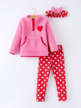 Load image into Gallery viewer, Valentine Pink Sherpa Heart Top with Red Heart Leggings and Bow Headband
