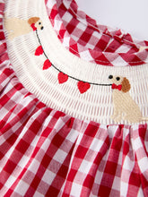 Load image into Gallery viewer, Valentine Red Plaid Dress with Smocked Heart Dog Detail and Bows
