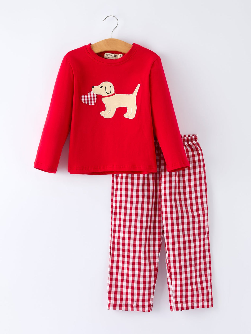 Valentine Red Plaid Boys Set with Applique Heart Dog Detail