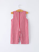Load image into Gallery viewer, Valentine Red Plaid Boys Romper with Applique Heart Dog Detail
