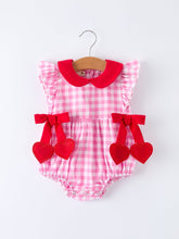 Load image into Gallery viewer, Valentine Pink Plaid Bubble Romper with Red Hearts and Bows
