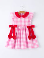 Valentine Pink Plaid Girls Dress with Red Hearts and Bows