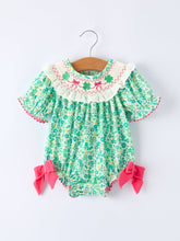 Load image into Gallery viewer, St. Patrick’s Day Shamrock Bow Smocked Baby Girl Romper
