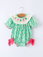 St. Patrick’s Day Shamrock Bow Smocked Baby Girl Romper