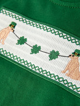 Load image into Gallery viewer, Boys St. Patrick’s Day Shamrock Puppy Smocked Plaid Set

