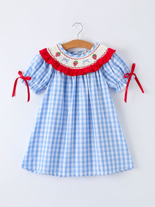 Girls Summer Strawberry Bow Embroidered Smocked Dress