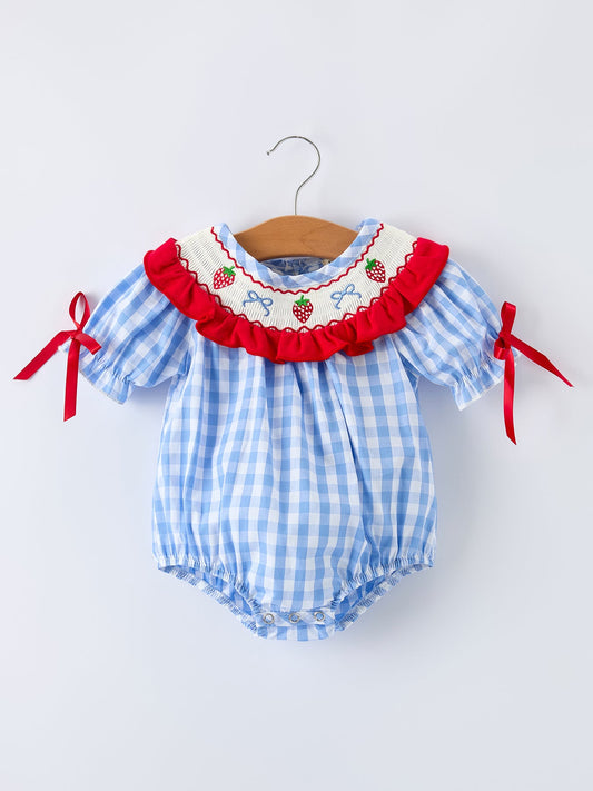 Baby Girls Summer Strawberry Bow Embroidered Smocked Romper