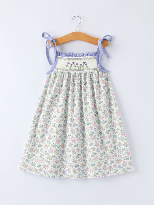 Spring Purple Floral Embroidered Smocked Bow Girl Dress