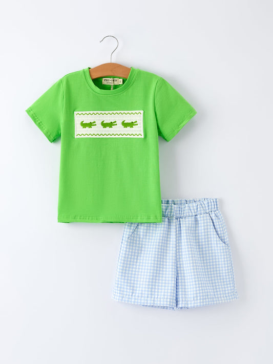 PREORDER Toddler Boys Summer Crocodile Embroidered Plaid Shorts Set