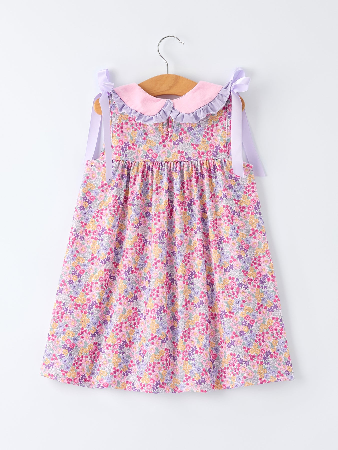 Summer Purple Floral Bow Ruffle Girls Dress