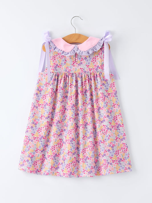 Summer Purple Floral Bow Ruffle Girls Dress