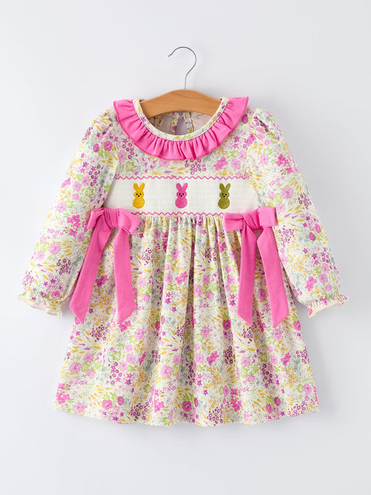 Easter Pink Bunny Embroidered Floral Long-Sleeved Girls' Dress