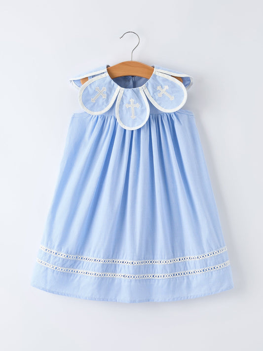 Blue Petal Peter Pan Collar Bishop Christening Girls Dress