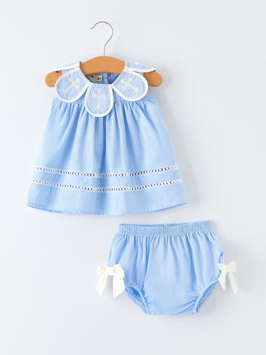 Blue Petal Peter Pan Collar Christening Baby Girls Bloomer Set