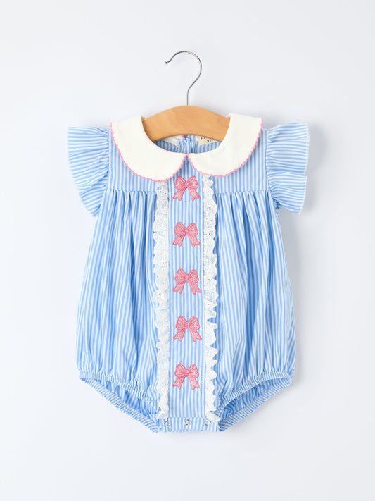 Blue Stripe Girl Romper Petal Peter Pan Collar Bow