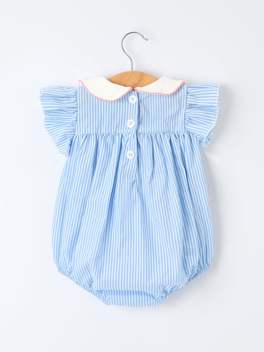 Blue Stripe Girl Romper Petal Peter Pan Collar Bow