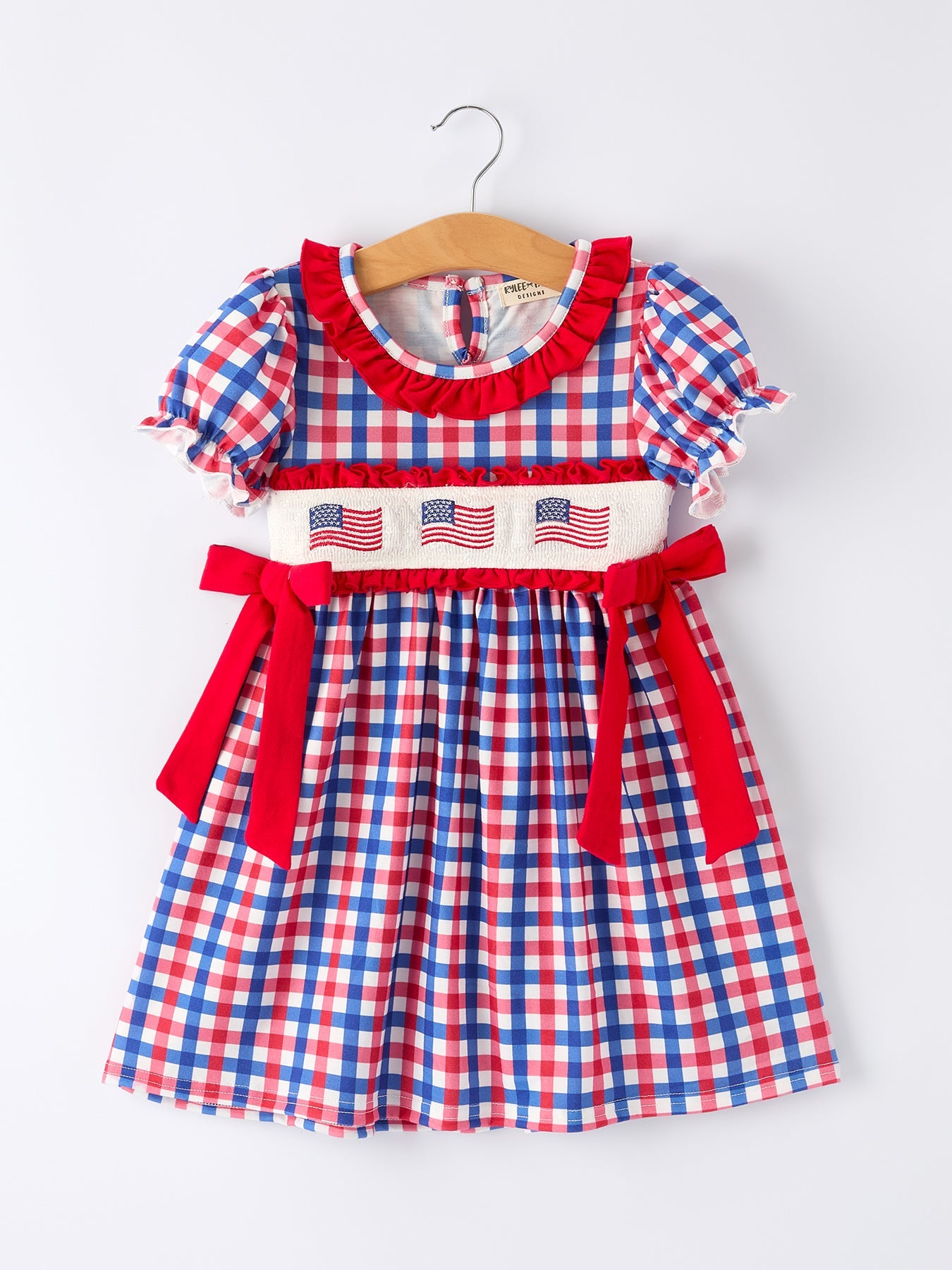 4th of July Plaid Flag Girl Dress With Bow